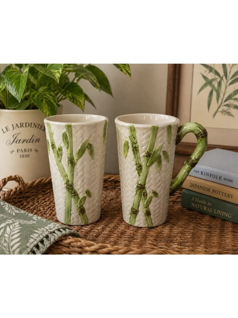 Vintage Bamboo Rattan Hand Painted Mug Set of 2 Cardinal Inc Tall Latte Cups Tro